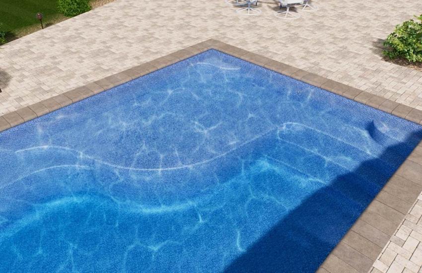 Aerial view of a fiberglass swimming pool and surrounding deck